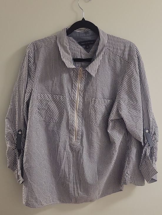 Tommy Hilfiger Tops - Tommy Hilfiger Striped Half-Zip Button Sleeve Seersucker - Black & White Size 1x